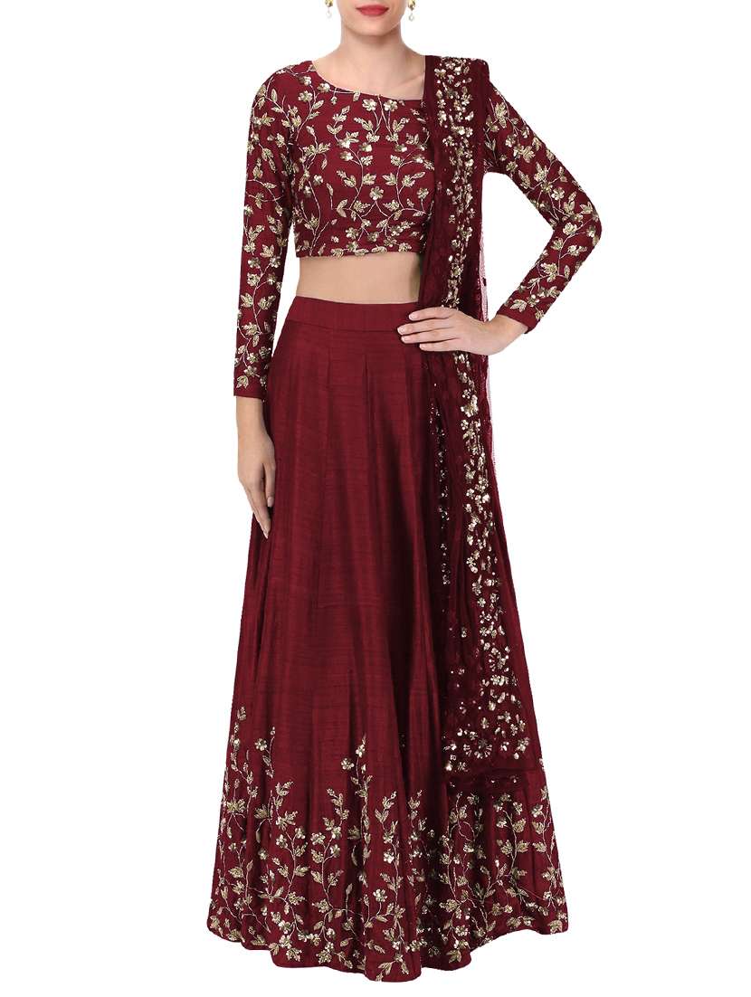 maroon raw silk flared lehenga