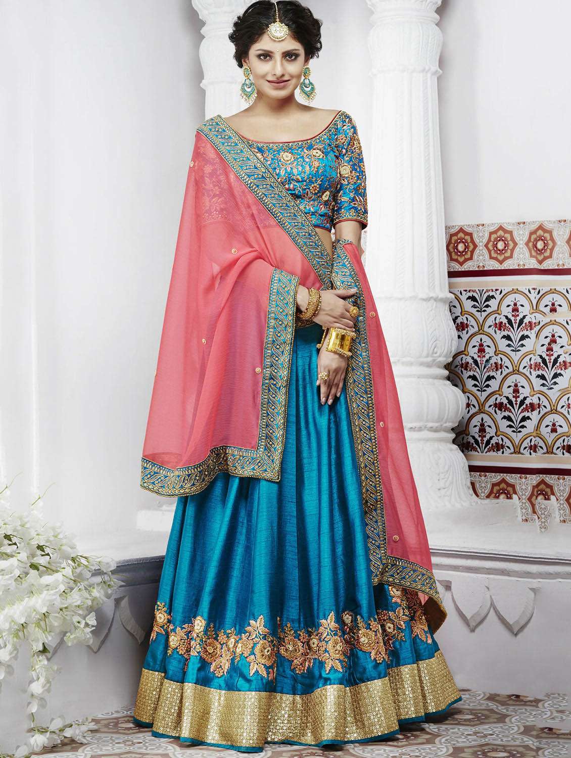 blue silk panelled lehenga