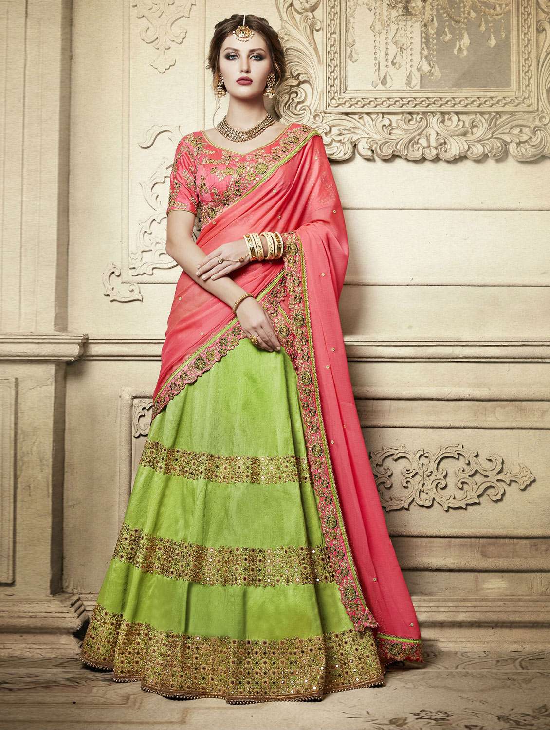 green silk flared lehenga