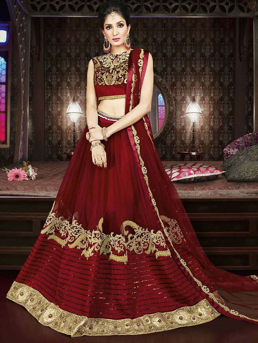 maroon net flared lehenga