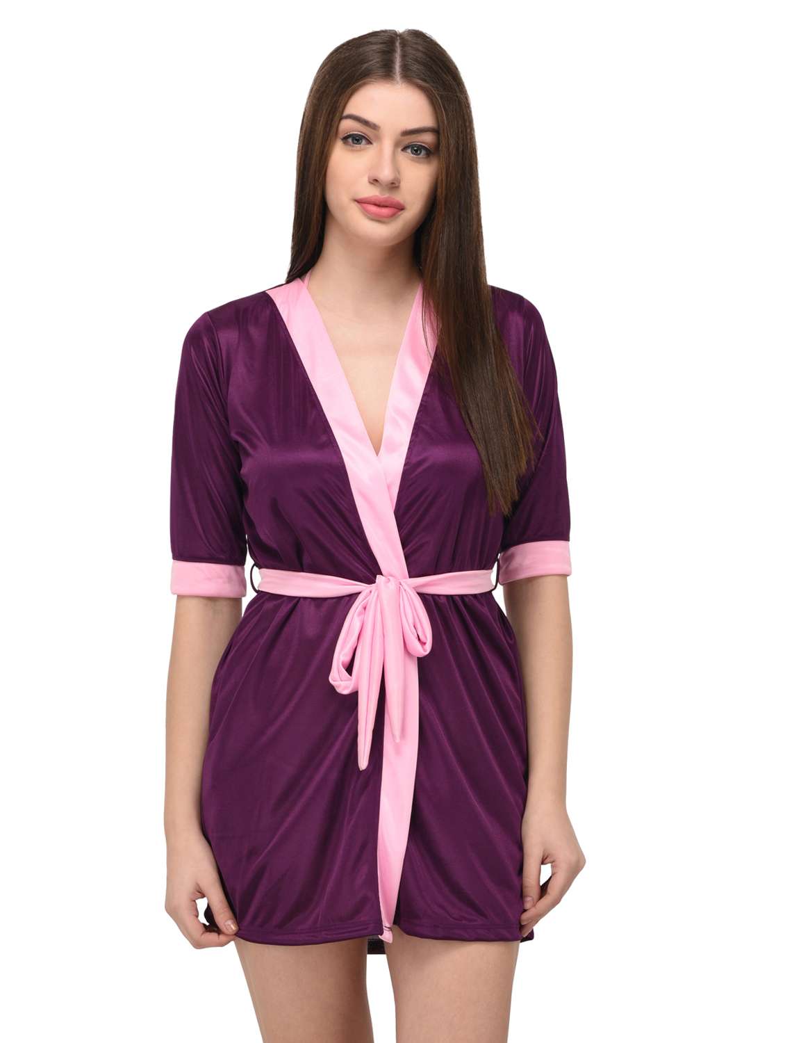 purple satin sleepwear robe with bra panty set