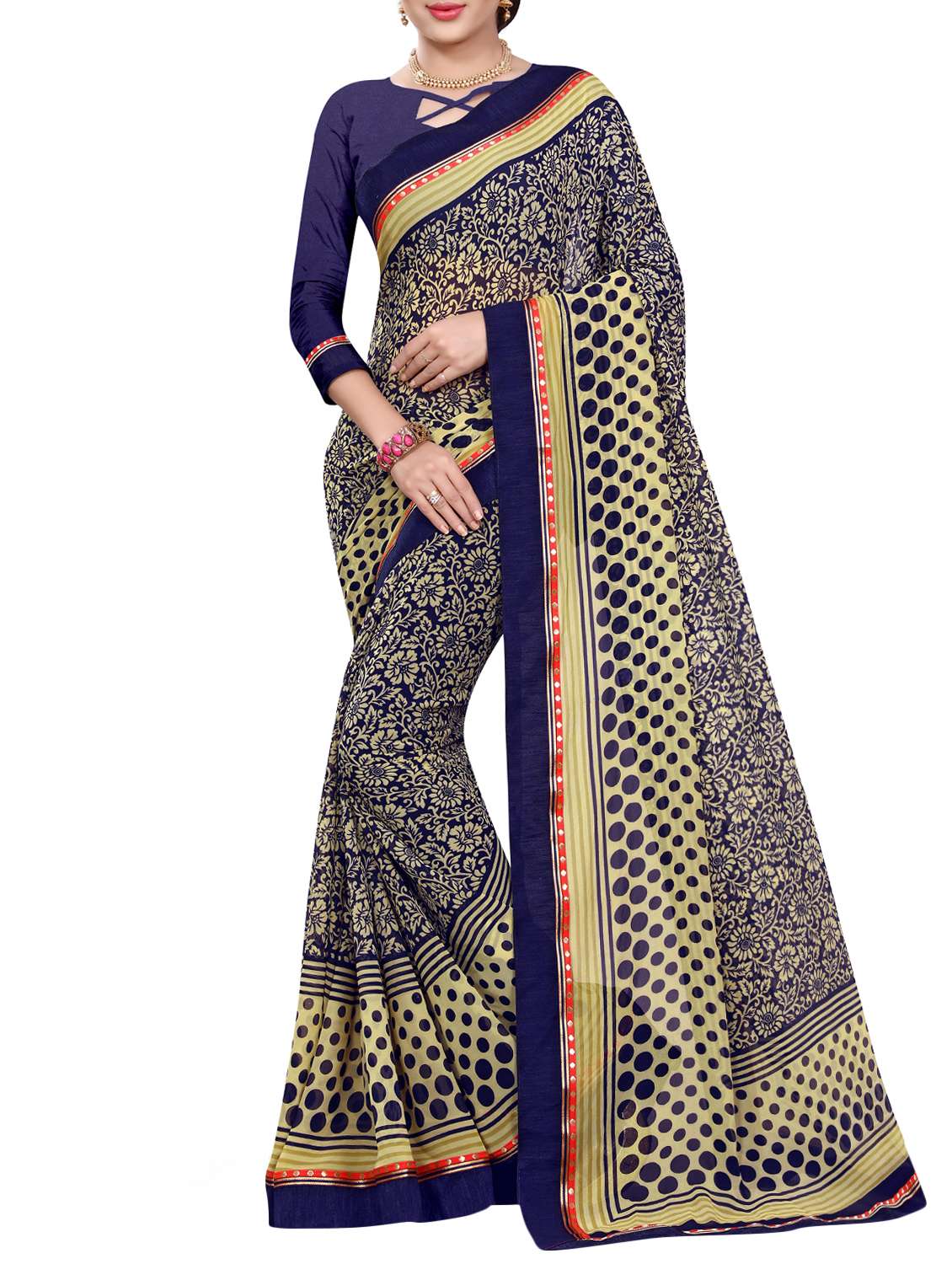 women's printed navy blue colored saree with blouse