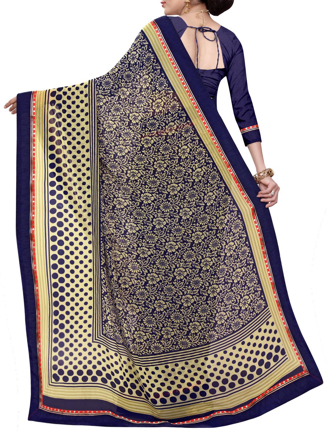 women's printed navy blue colored saree with blouse - 14969619 - Standard Image - 1