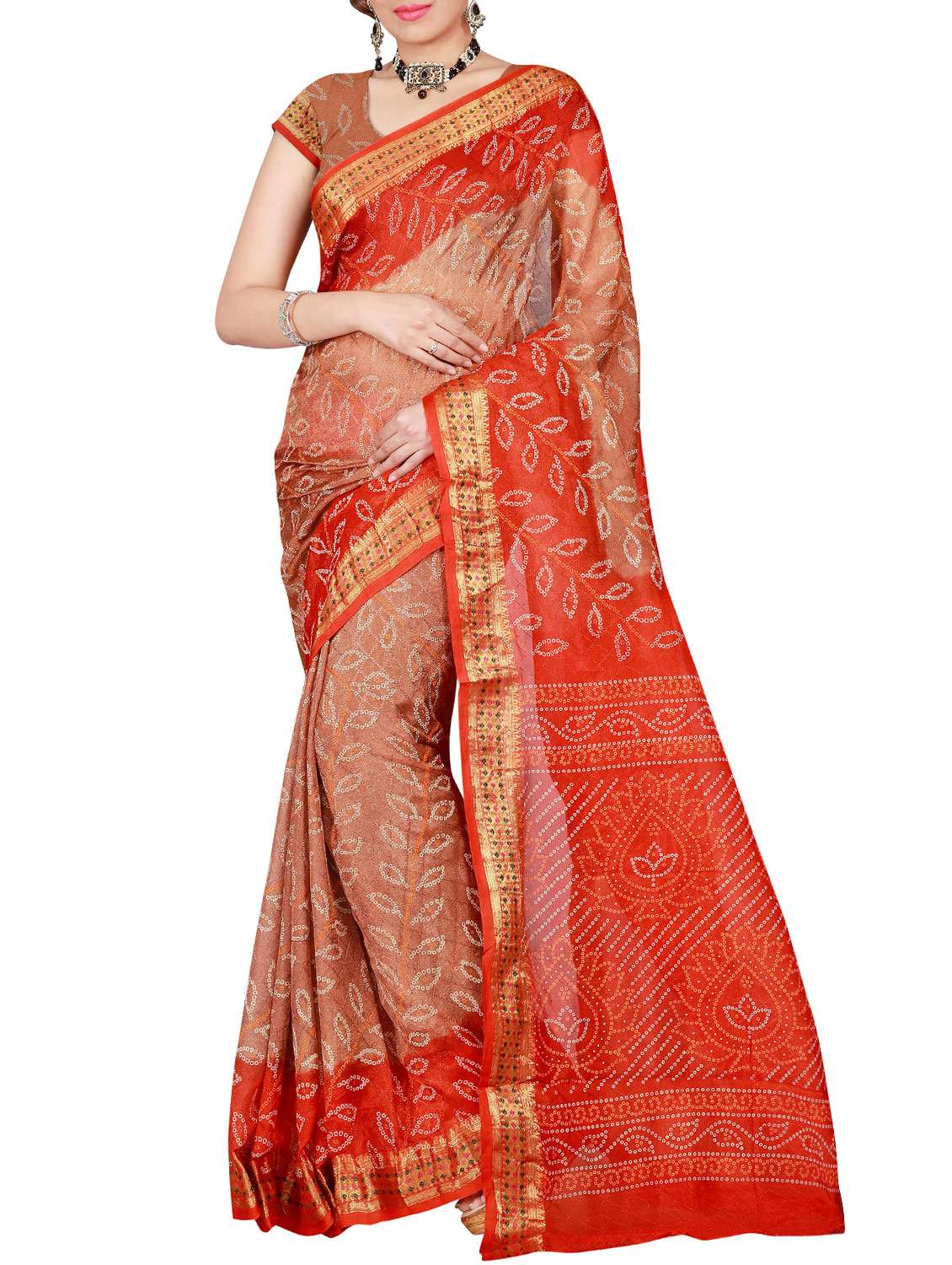 beige art silk bandhani saree with blouse