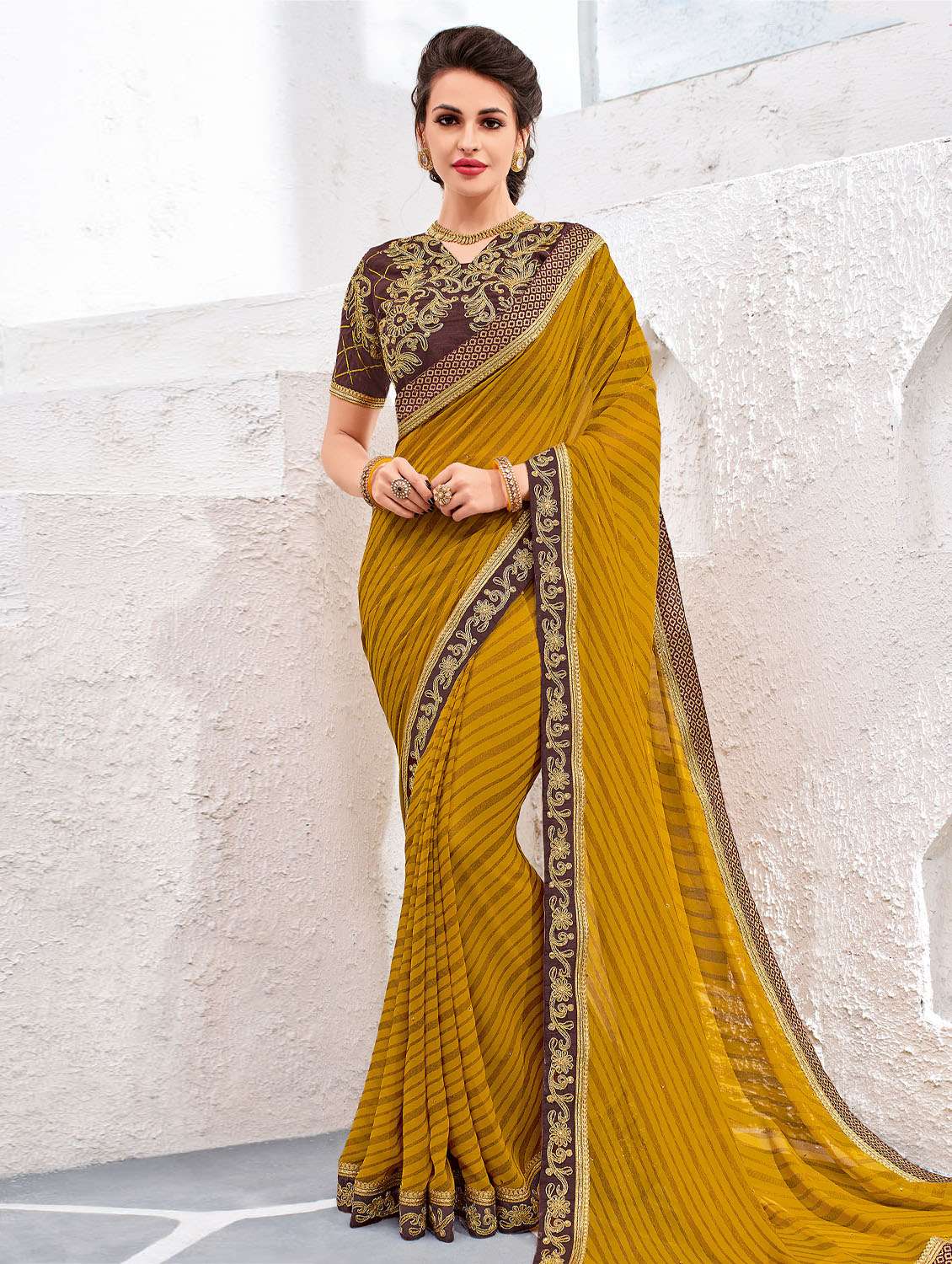 mustard georgette leheriya saree with blouse