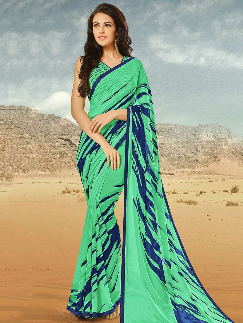 green georgette printed saree