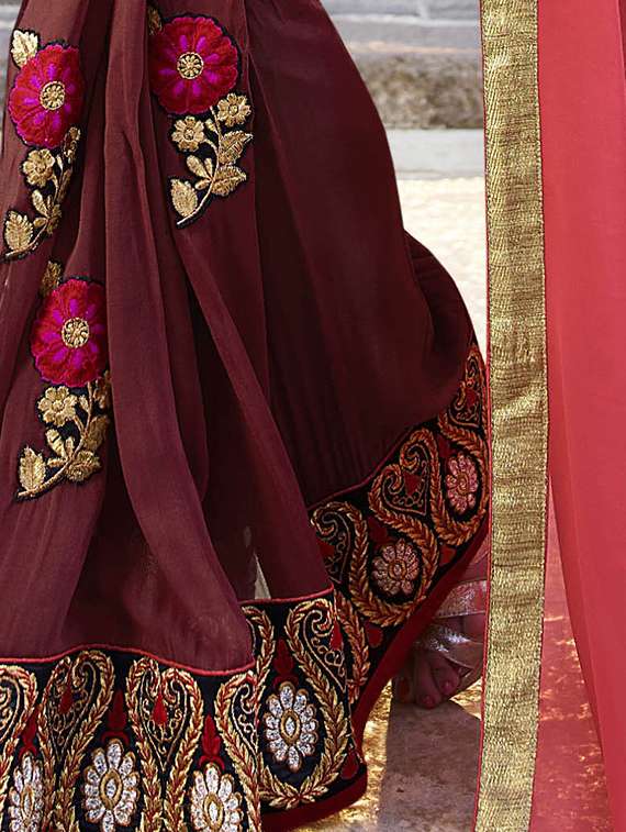 peach georgette half and half saree - 14986545 - Standard Image - 1