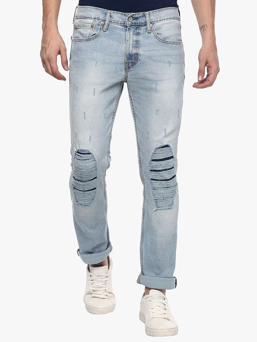 blue cotton ripped jeans