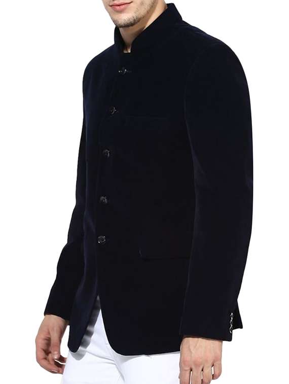 navy blue velvet bandhgala blazer - 14994341 -  Standard Image - 1