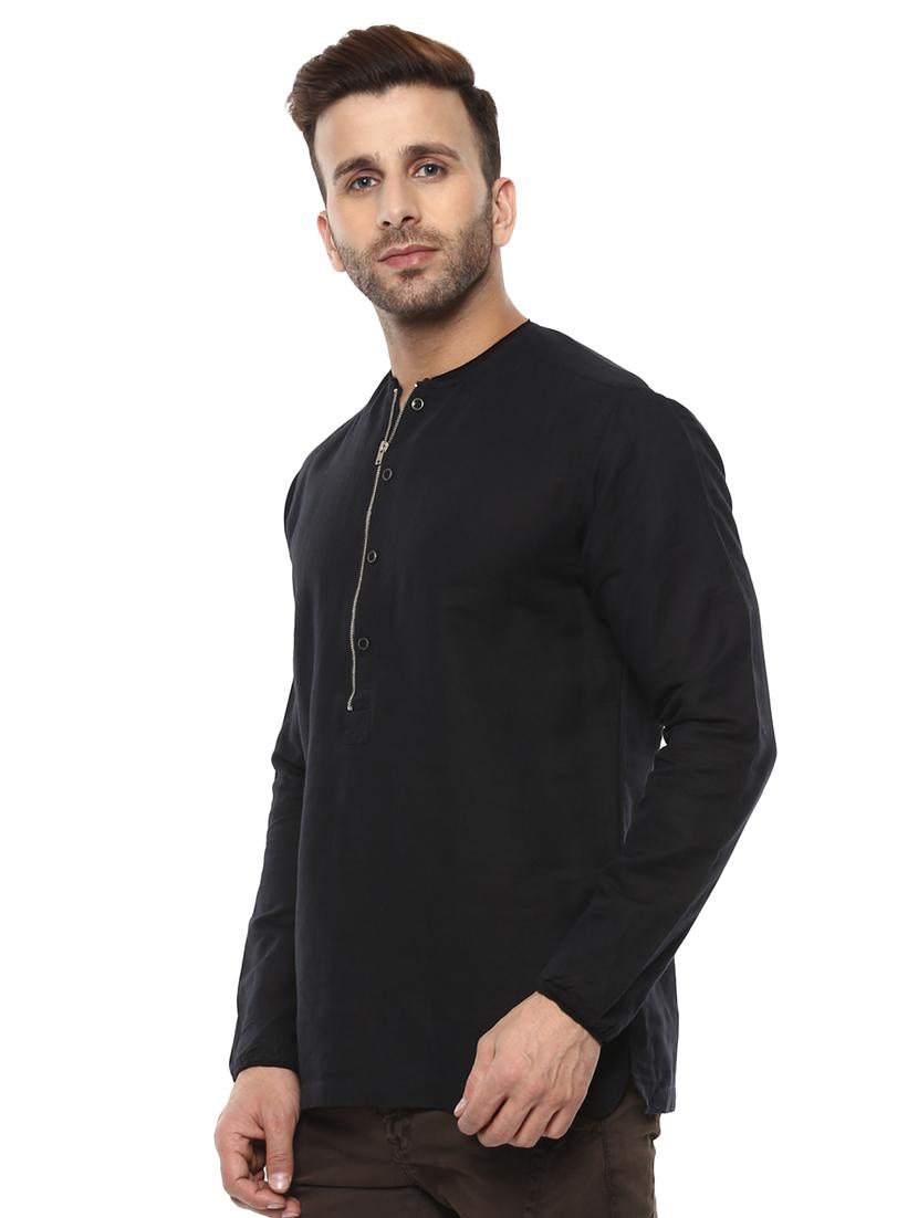 black linen short kurta - 14997492 - Standard Image - 1