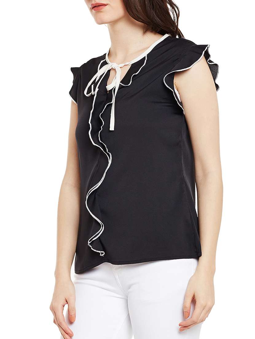 contrast piping ruffled top - 14997854 -  Standard Image - 1