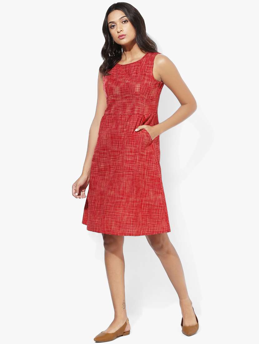 indian dobby red khadi cotton a-line dress