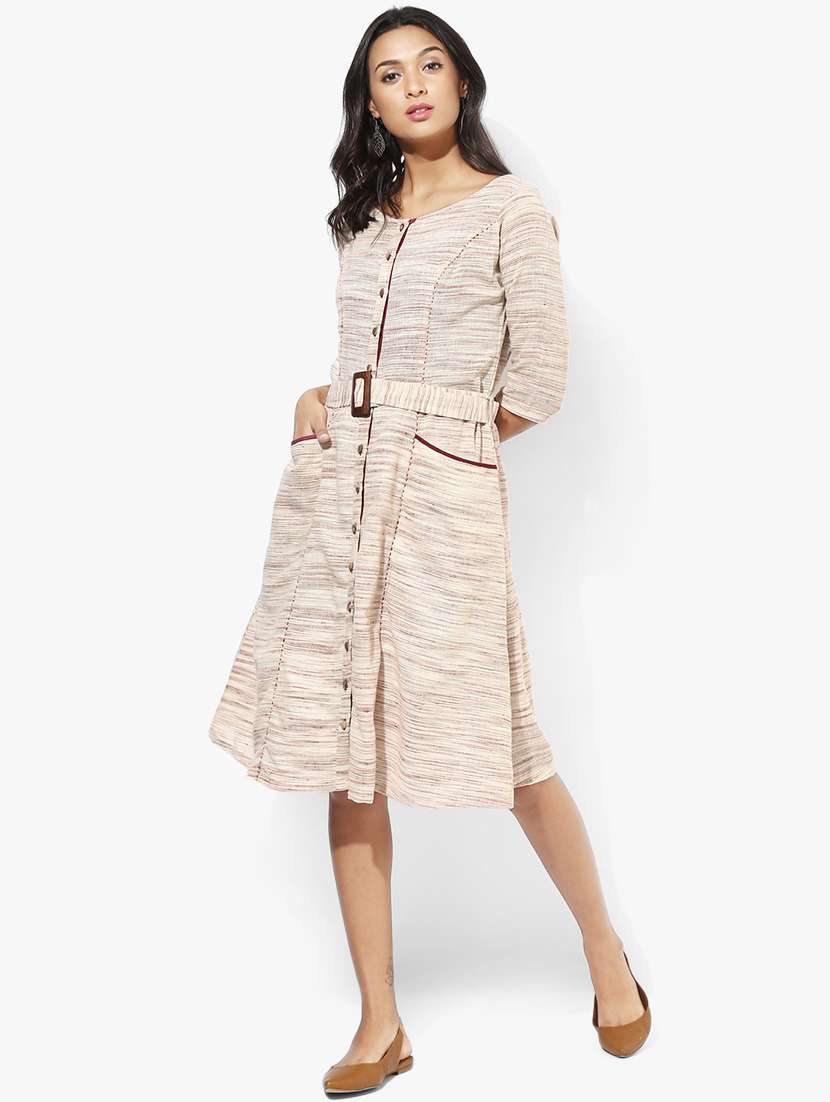 indian dobby beige khadi cotton belted dress