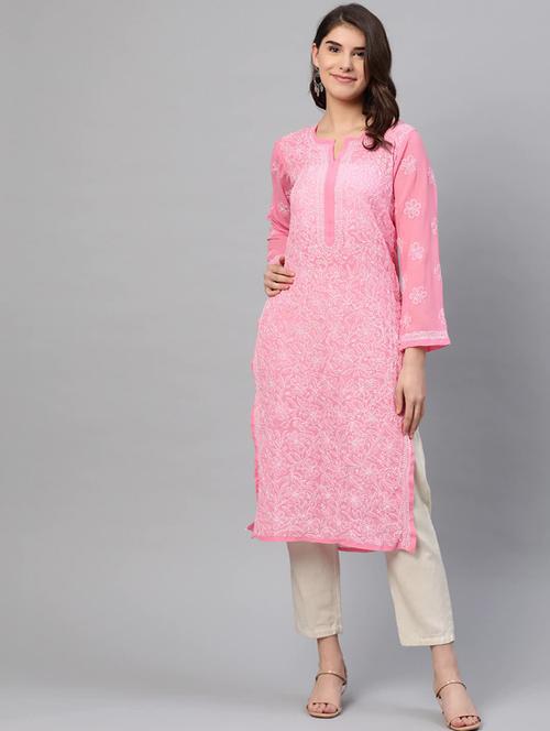 pink color knee length chikankari women kurta - 15004521 - Standard Image - 0
