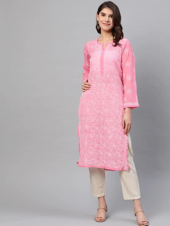 pink color knee length chikankari women kurta - 15004521 - Zoom Image - 0