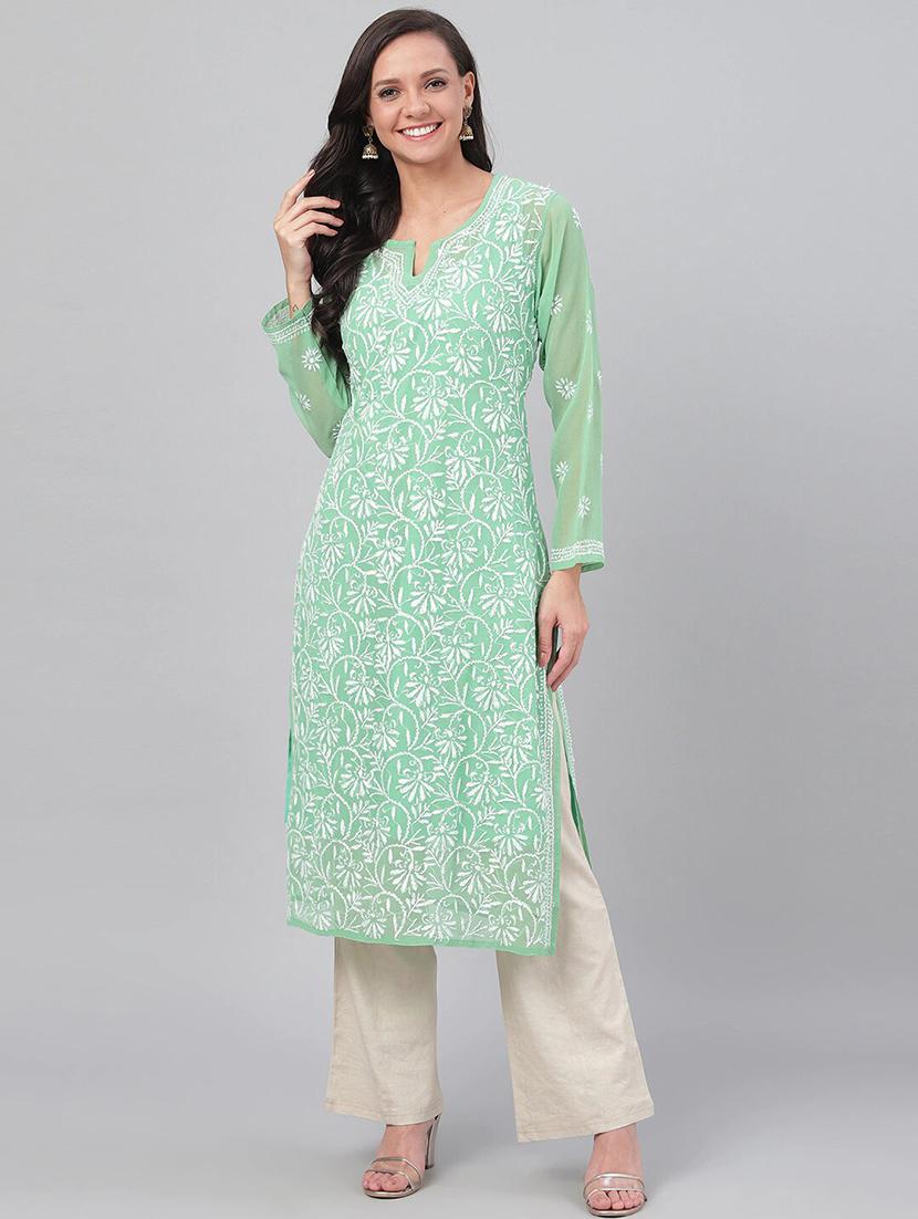 georgette full chikankari work green women straight kurta - 15005370 - Zoom Image - 0
