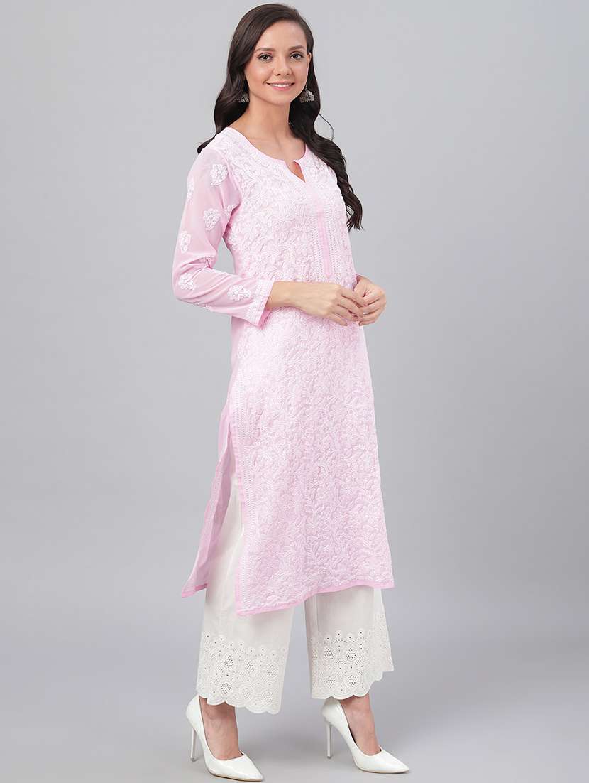 pink georgette long straight chikankari kurta  - 15006712 -  Standard Image - 1