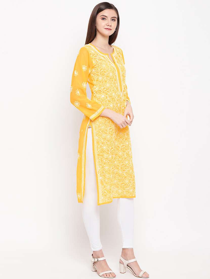 yellow georgette knee length chikankari kurta - 15006713 - Standard Image - 1