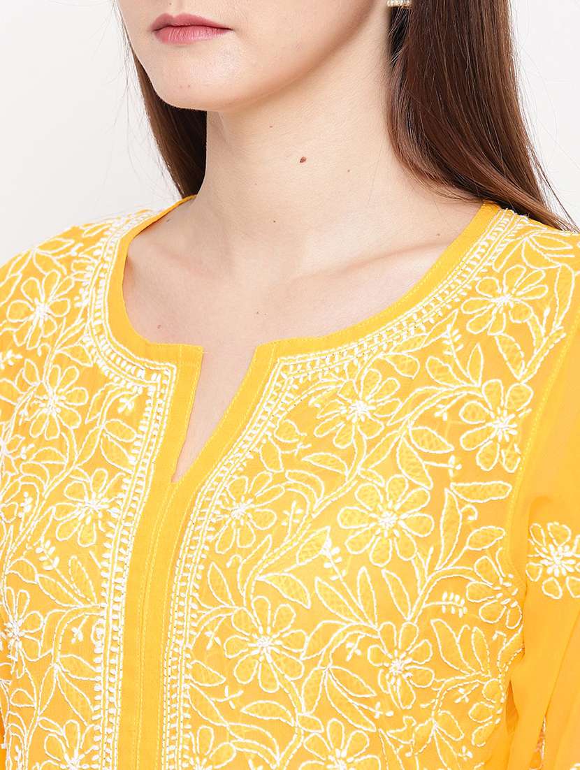 yellow georgette knee length chikankari kurta - 15006713 - Standard Image - 4