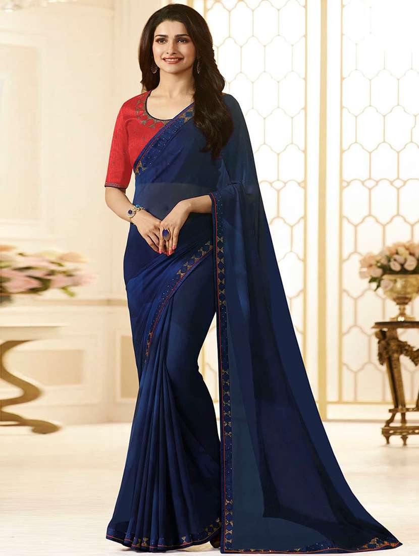 blue georgette bordered saree with blouse