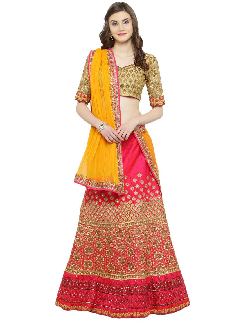pink silk panelled lehenga