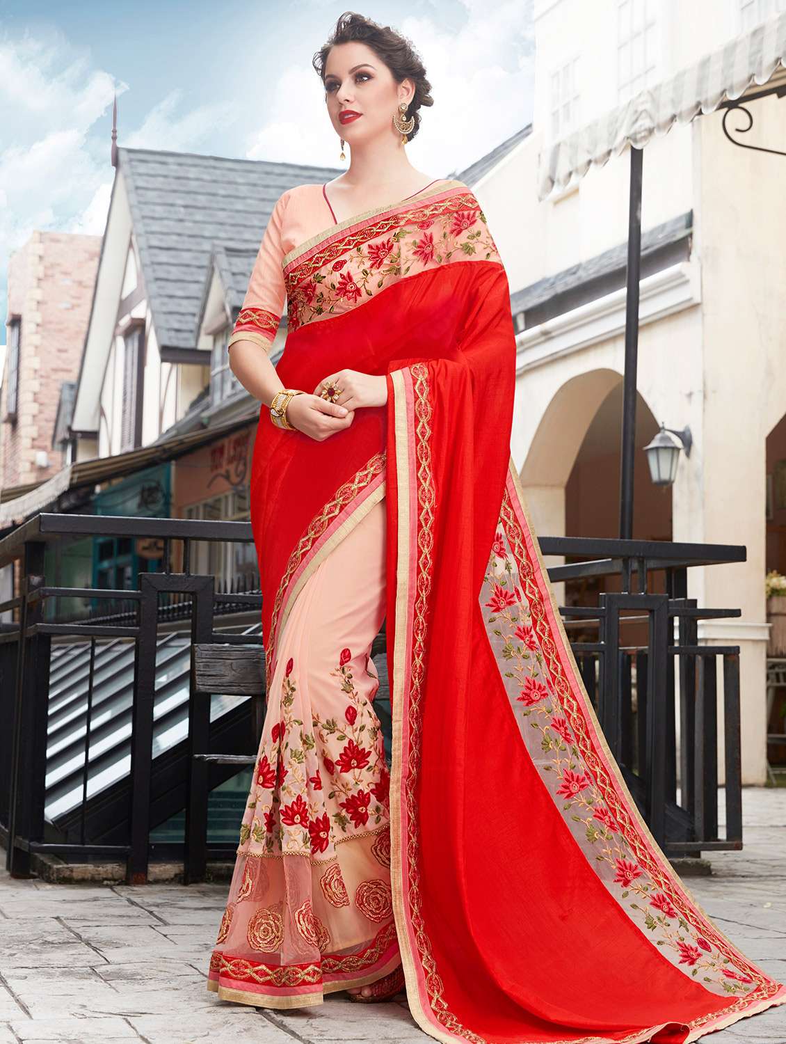 red tissuenet half and half saree with blouse