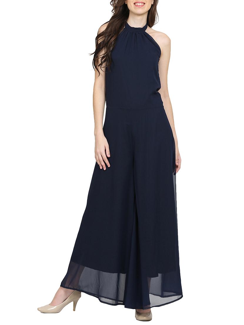 solid navy blue full leg jumpsuit
