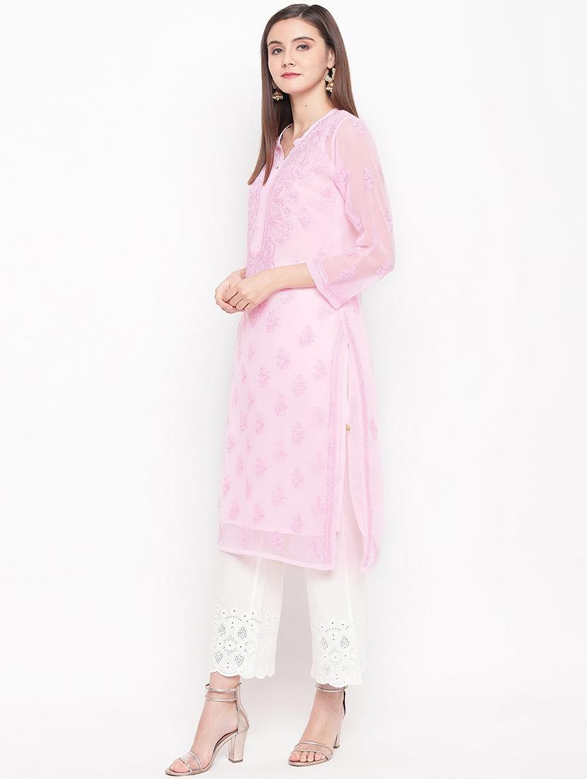 beautiful pink semi transparent georgette chikankari lucknowi kurta - 15015557 -  Standard Image - 1