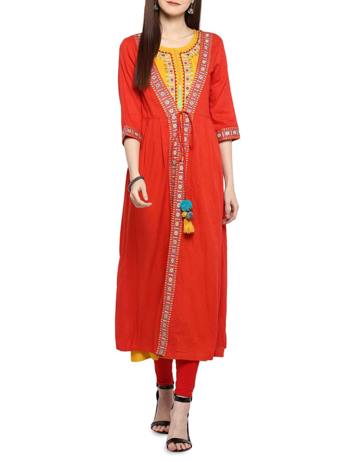 red cotton embroidered layered kurta