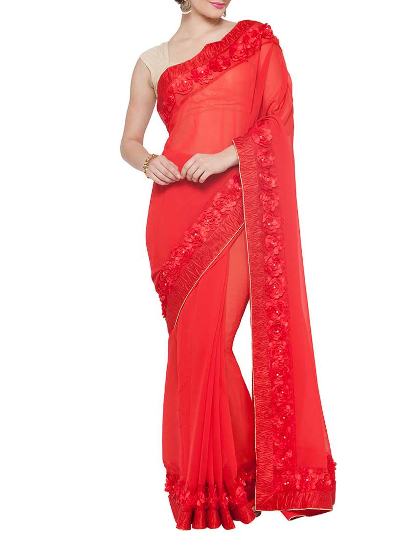 red georgette bordered saree with blouse