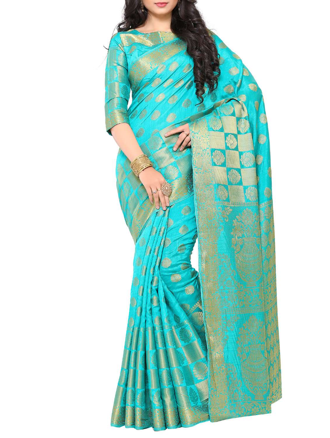 women's self design turquoise colored saree