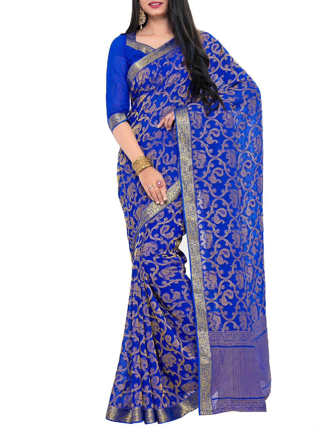 blue chiffon woven saree with blouse