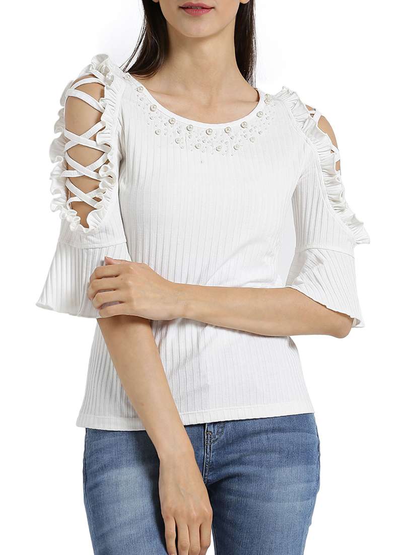 pearl embellished criss cross detail top