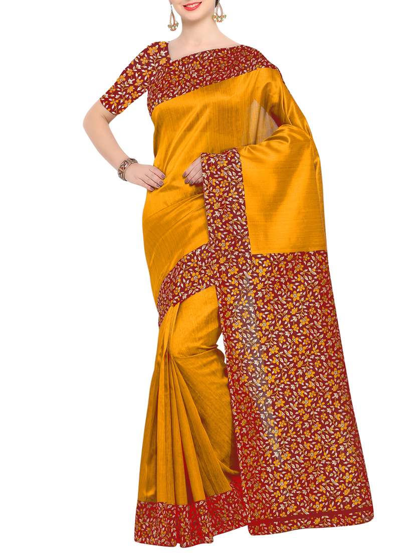 yellow silk printed saree with blouse