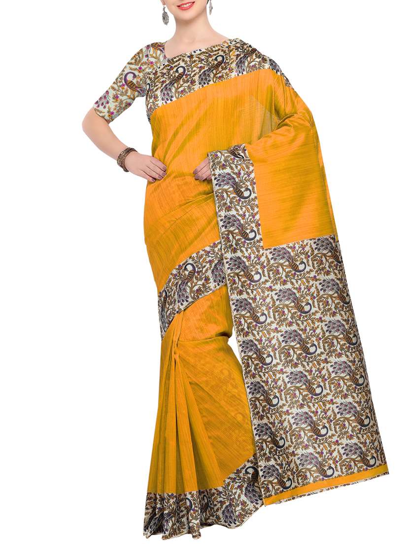 yellow raw silk printed saree with blouse