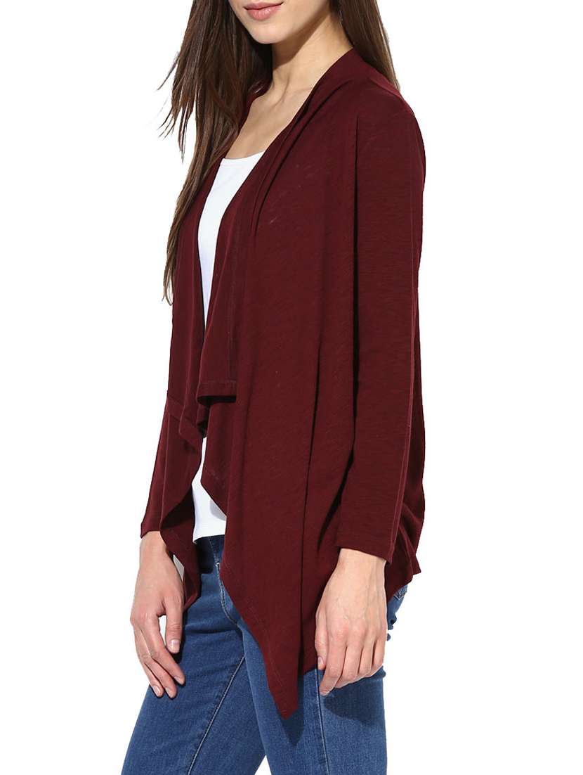 maroon solid viscose asymmetrical shrug - 15026146 - Standard Image - 1