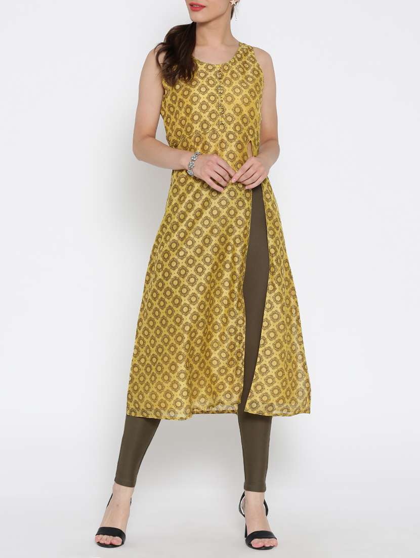 yellow cotton high slit kurta