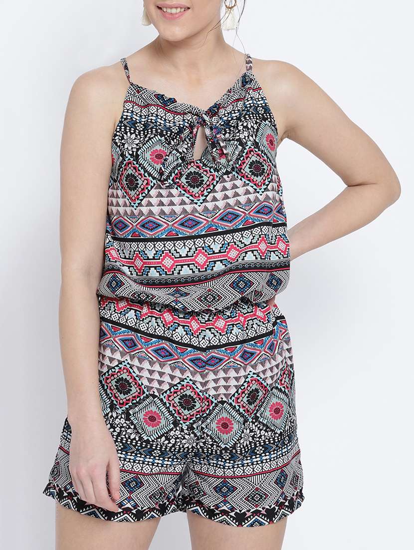 black printed rayon romper