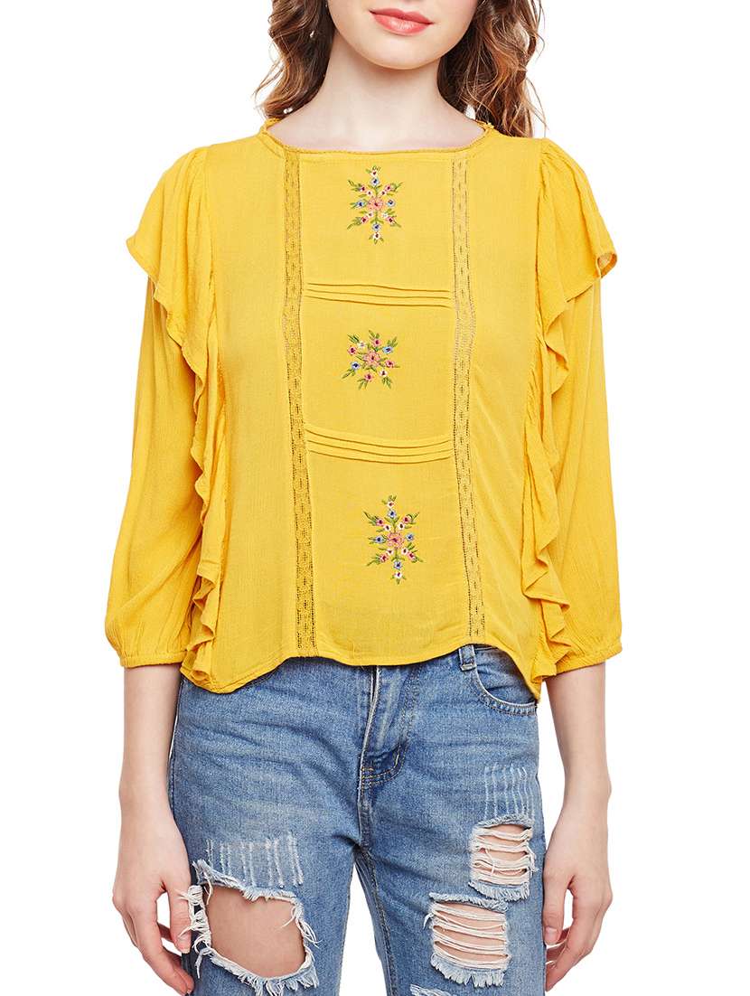 lace insert embroidered ruffled top