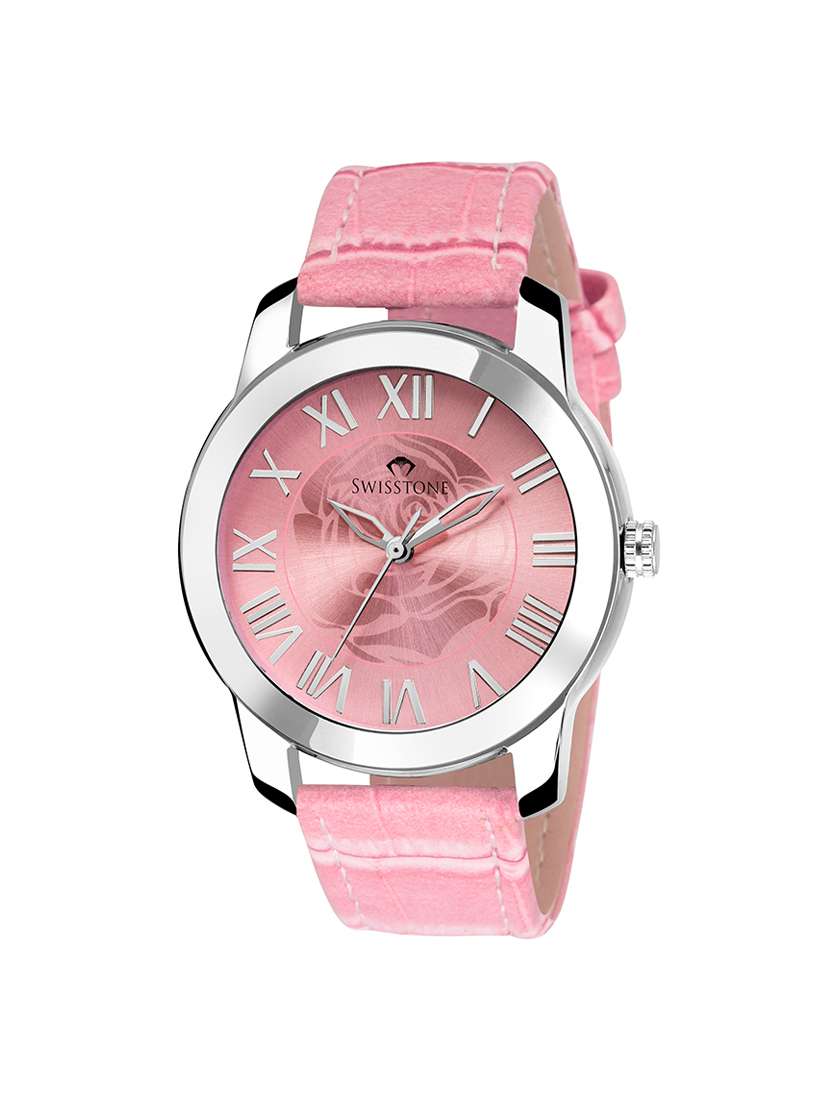 swisstone ck305-pnk pink leather strap wrist watch for women
