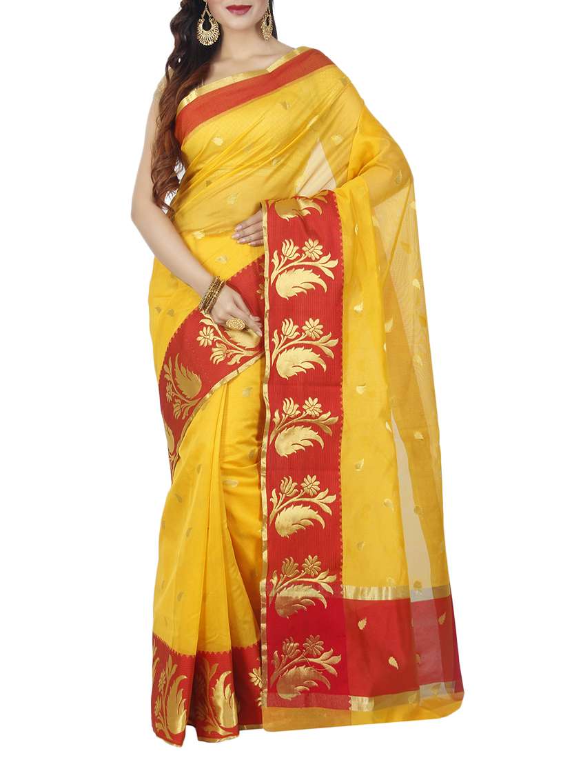 yellow cotton blend woven saree