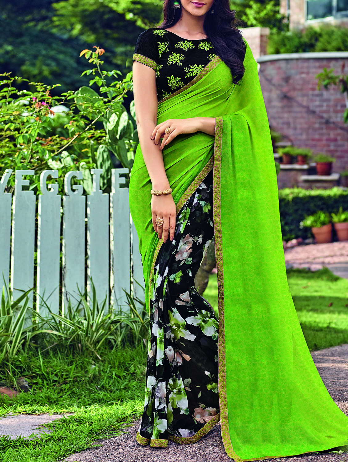 floral half & half saree with blouse