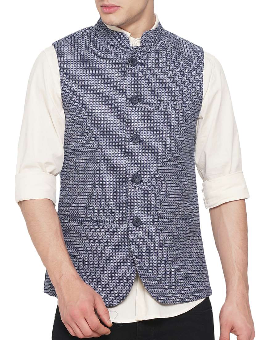 navy blue cotton nehru jacket