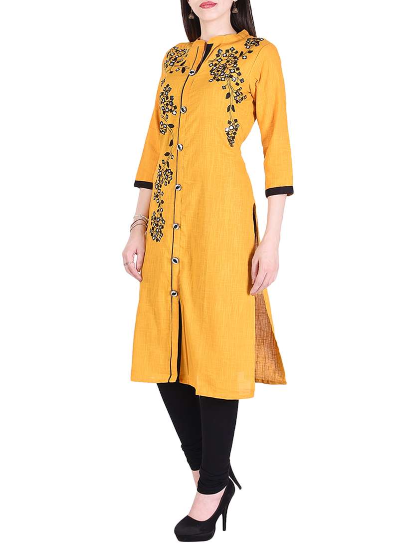yellow cotton straight kurta - 15048411 -  Standard Image - 1