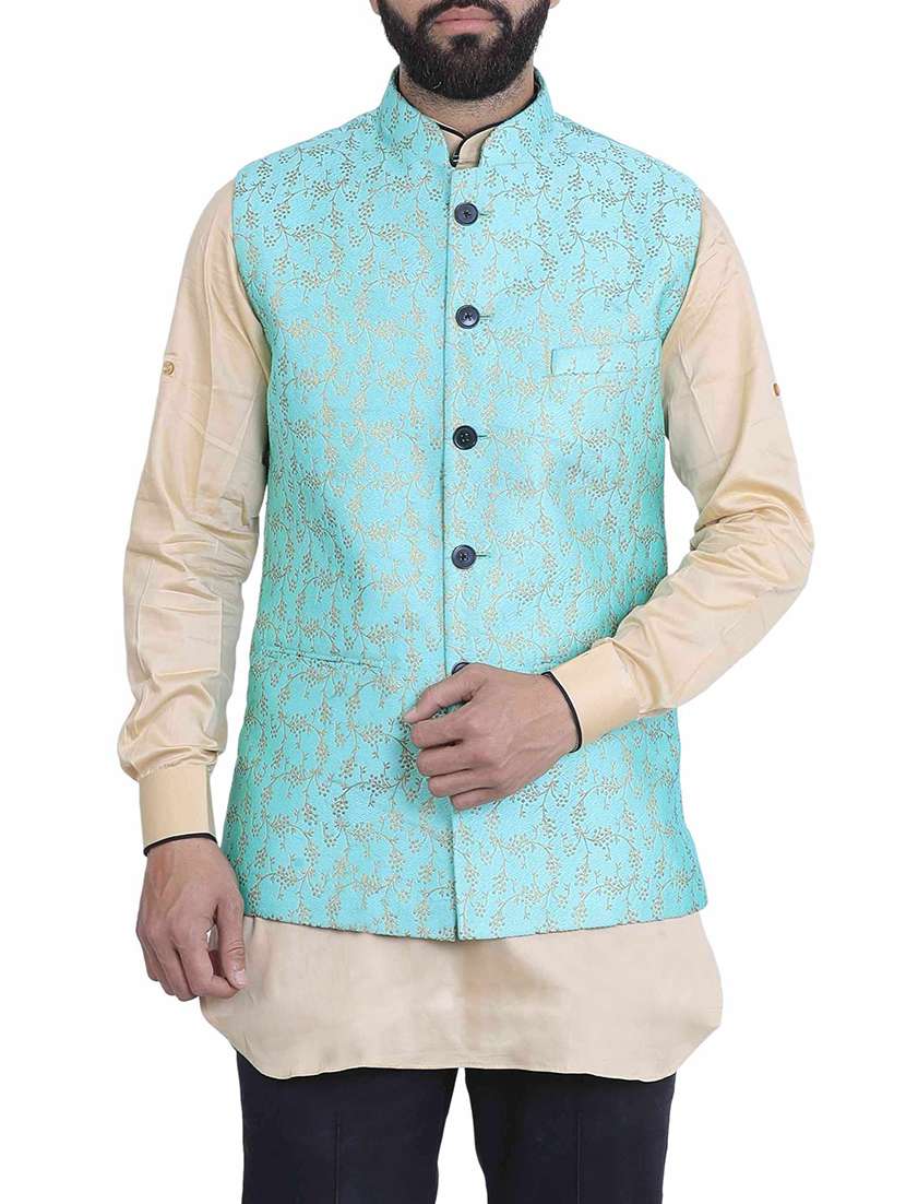 blue silk nehru jacket