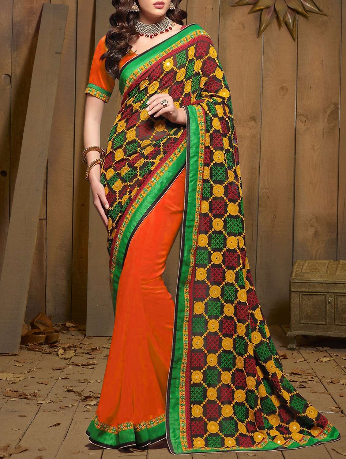 women's null orange colored saree with blouse