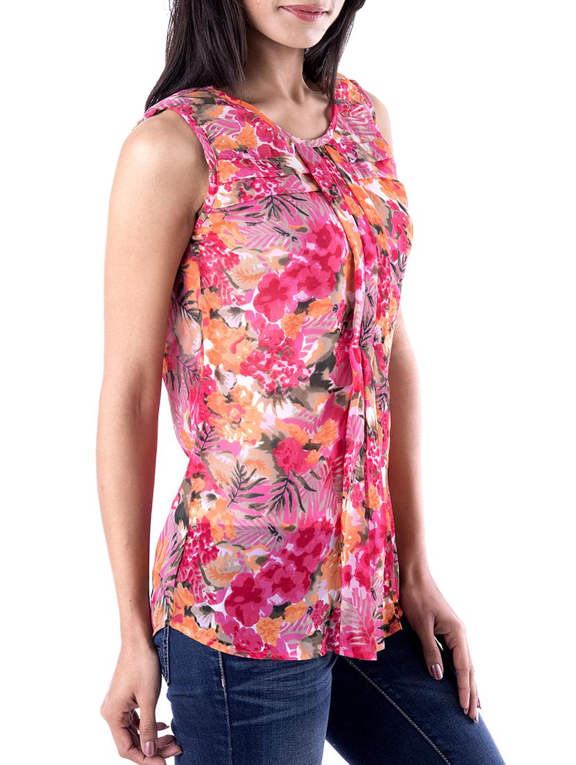 round neck pleated floral top - 15049740 - Standard Image - 1