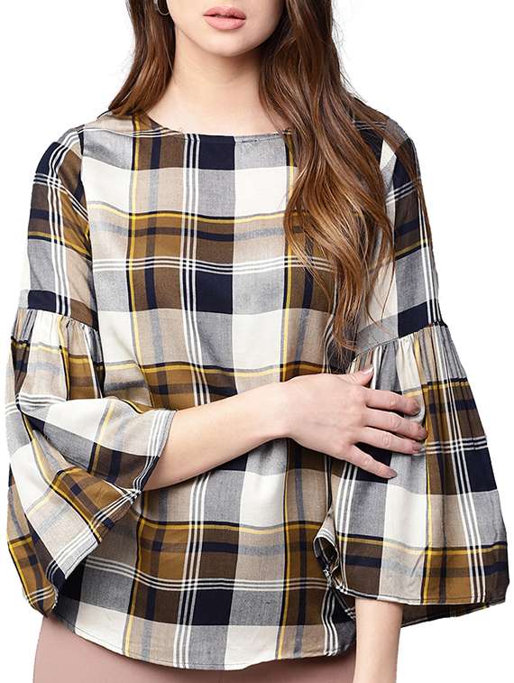 bell sleeved checkered top 