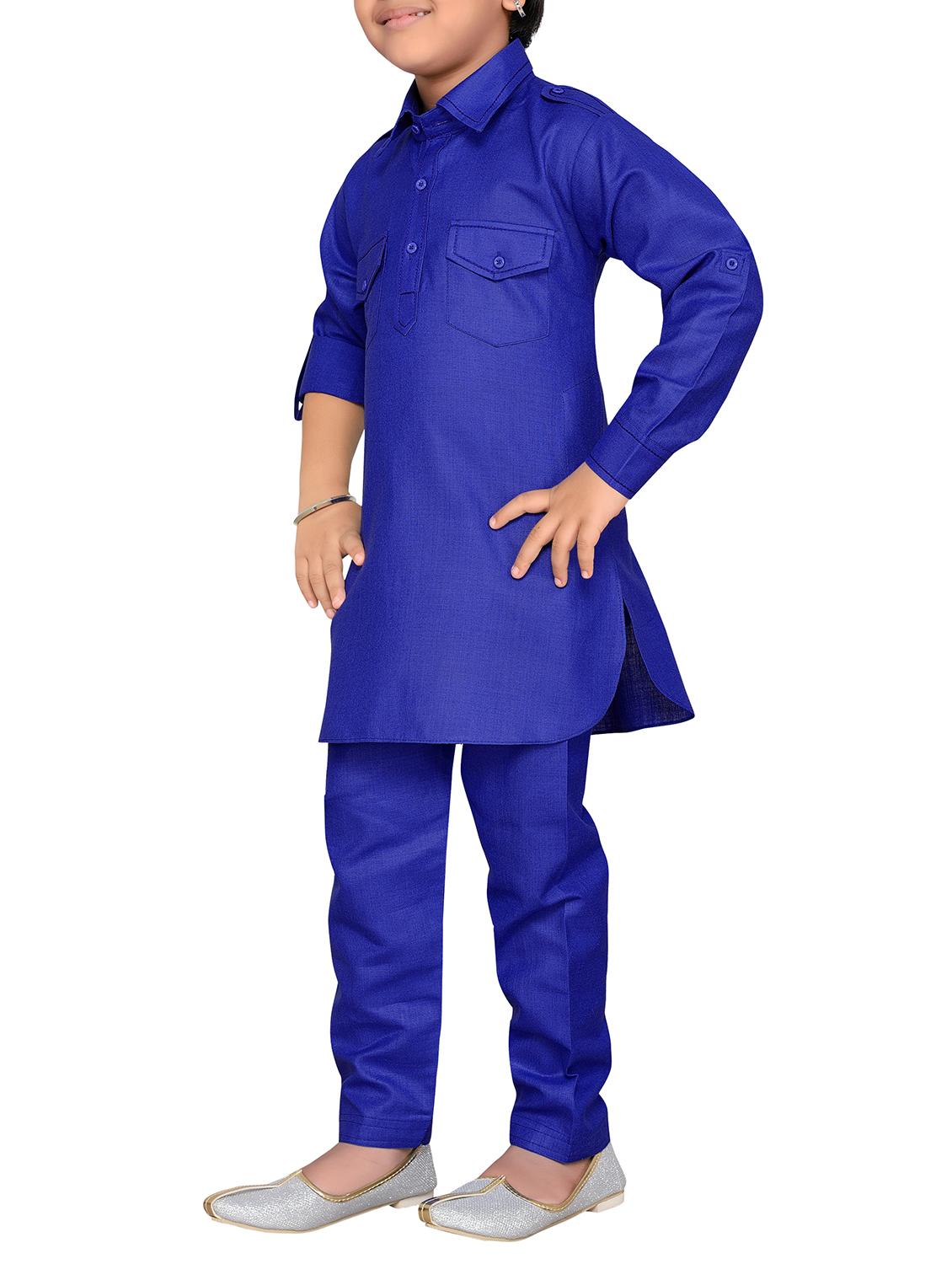 blue cotton pathani kurta set - 15052880 - Standard Image - 1