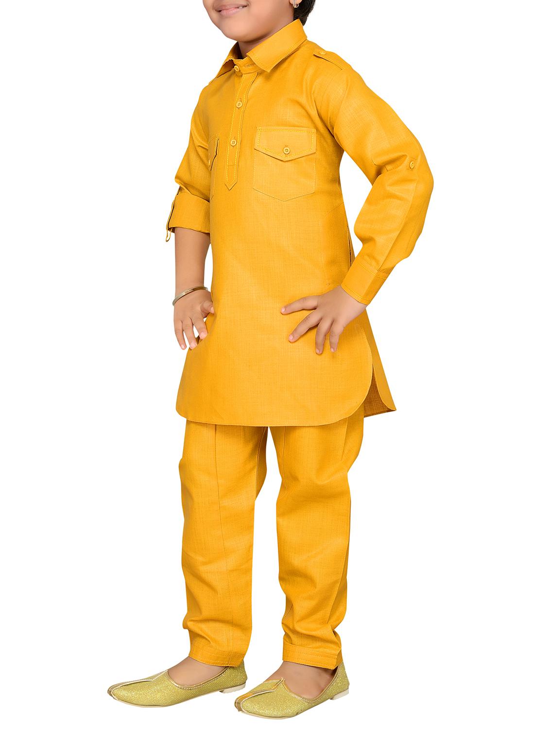 yellow cotton pathani kurta set - 15052882 - Standard Image - 1